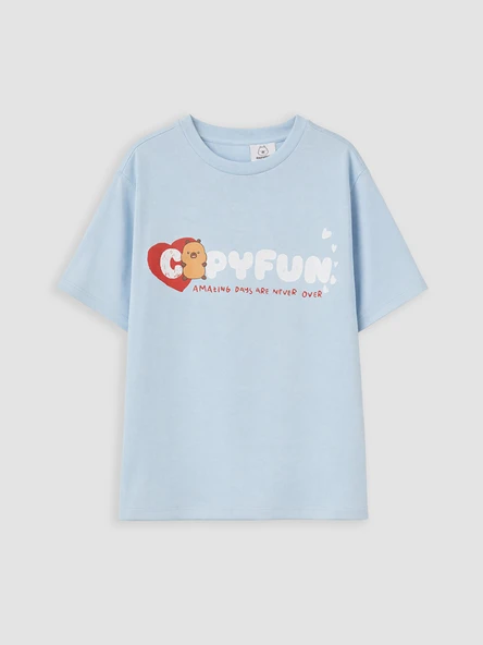 LCW Kids Mavi Bisiklet Yaka Capyfun Baskılı Kız Çocuk Tişört ürün görseli 1