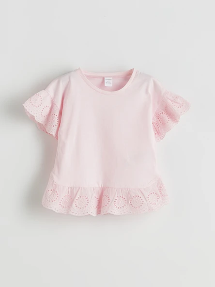 LCW Kids Pembe Bisiklet Yaka Güpürlü Penye Kız Çocuk Bluz ürün görseli 1