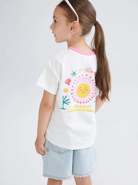 LCW Kids Beyaz Bisiklet Yaka Baskılı Kız Çocuk Tişört ürün görseli 1