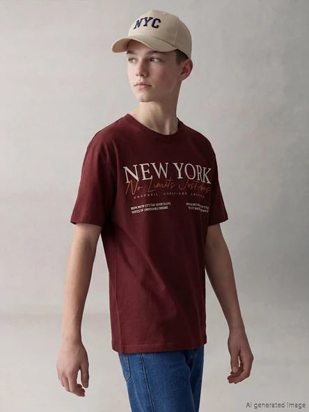 LCW Kids Bordo Erkek Çocuk Bisiklet Yaka New York Baskılı Tişört ürün görseli 1