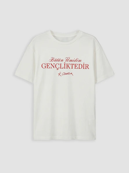 LCW Kids Beyaz Bisiklet Yaka Atatürk Baskılı Kız Çocuk Tişört ürün görseli 1