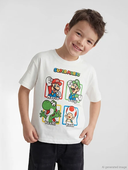 LCW Kids Beyaz Bisiklet Yaka Super Mario Baskılı Erkek Çocuk Tişört ürün görseli 1