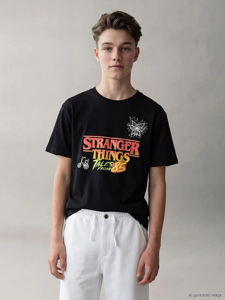LCW Kids Siyah Stranger Things Baskılı Erkek Çocuk Tişört ürün görseli 1