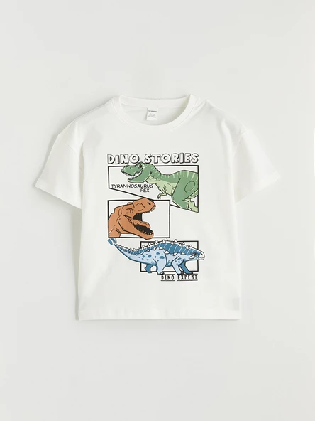LCW Kids Bej Bisiklet Yaka Dinozor Baskılı Erkek Çocuk Tişört ürün görseli 1