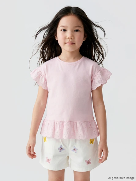 LCW Kids Pembe Bisiklet Yaka Nakışlı Kız Çocuk Fırfırlı Tişört ürün görseli 1