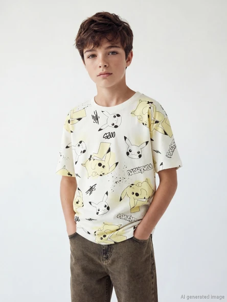 LCW Kids Sarı Bisiklet Yaka Pikachu Baskılı Erkek Çocuk Tişört ürün görseli 1