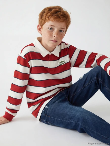 LCW Kids Turuncu Erkek Çocuk Çizgili Polo Yaka Uzun Kollu Tişört ürün görseli 1