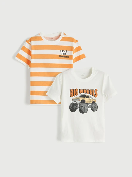 LCW Kids Beyaz Bisiklet Yaka Baskılı Erkek Çocuk Tişört 2'li ürün görseli 1