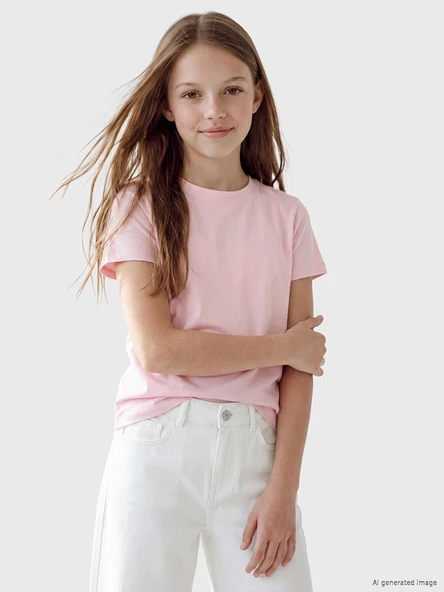 LCW Kids Pembe Kız Çocuk Bisiklet Yaka Tişört ürün görseli 1