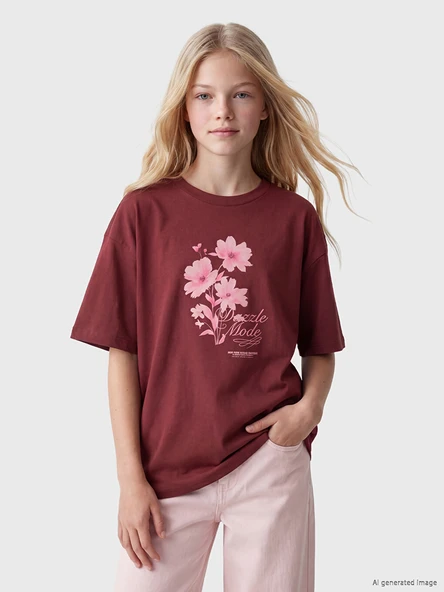 LCW Kids Bordo Bisiklet Yaka Baskılı Kız Çocuk Tişört ürün görseli 1