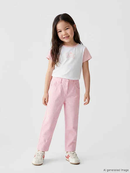 LCW Kids Pembe Kız Çocuk Taşlı Gabardin Pantolon ürün görseli 1