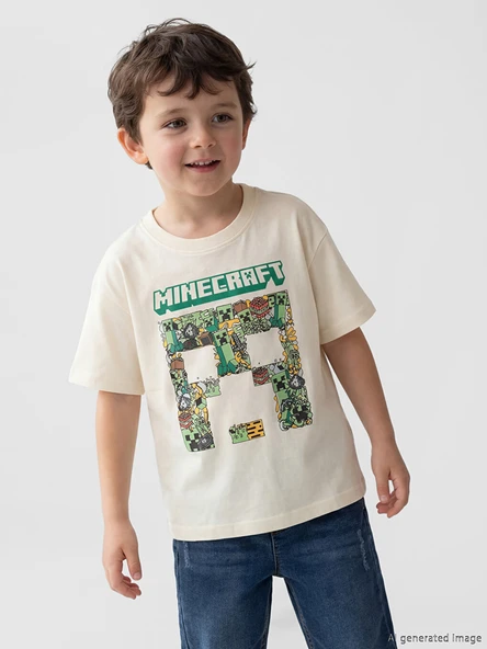 LCW Kids Bej Bisiklet Yaka Minecraft Baskılı Erkek Çocuk Tişört ürün görseli 1