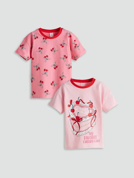 LCW Kids Pembe Bisiklet Yaka Baskılı Kız Çocuk Tişört 2'li ürün görseli 1