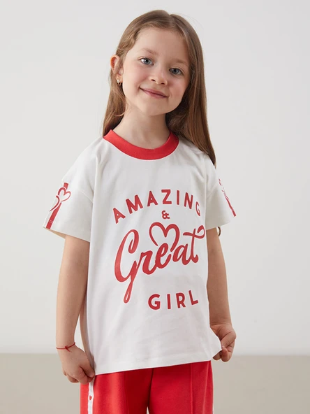 LCW Kids Ekru Bisiklet Yaka Yazı Baskılı Kız Çocuk Tişört ürün görseli 1