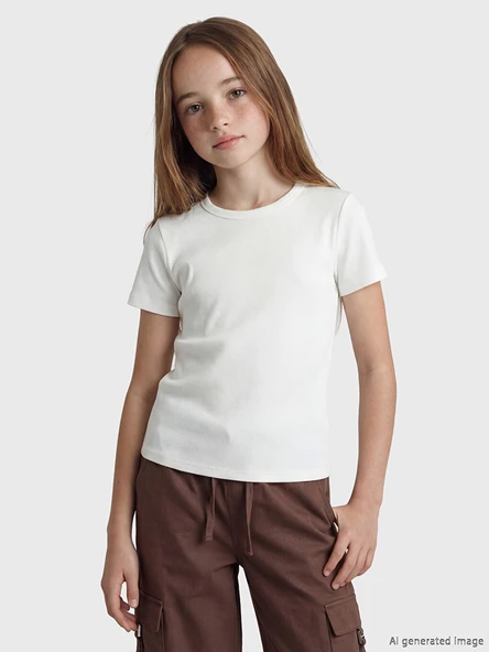 LCW Kids Ekru Bisiklet Yaka Kız Çocuk Fitilli Tişört ürün görseli 1