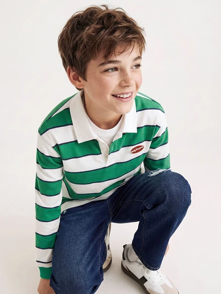 LCW Kids Yeşil Erkek Çocuk Polo Yaka Çizgili Tişört ürün görseli 1