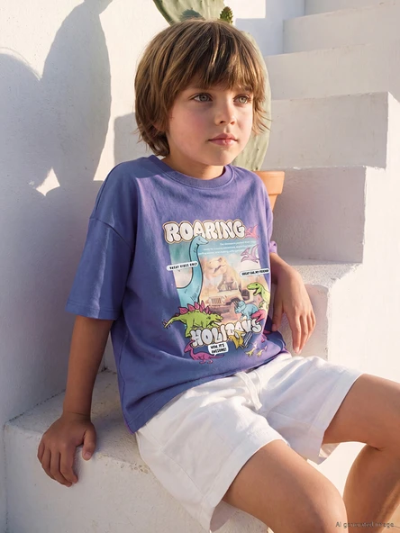 LCW Kids Mor Bisiklet Yaka Baskılı Erkek Çocuk Tişört ürün görseli 1