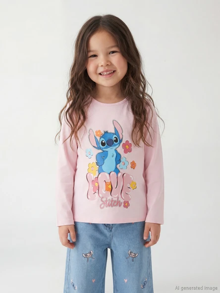 LCW Kids Pembe Lilo & Stitch Baskılı Kız Çocuk Tişört ürün görseli 1