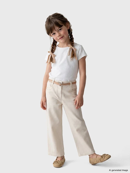 LCW Kids Ekru Kemerli Wideleg Kız Çocuk Pantolon ürün görseli 1