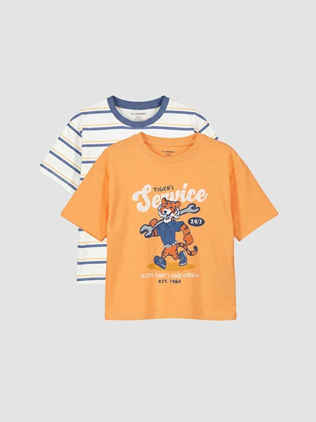 LCW Kids Turuncu Bisiklet Yaka Çizgili Erkek Çocuk 2'li Tişört ürün görseli 1