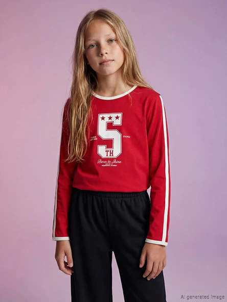 LCW Kids Kırmızı Baskılı Uzun Kollu Kız Çocuk Tişört ürün görseli 1