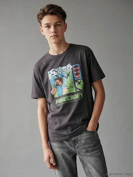 LCW Kids Antrasit Bisiklet Yaka Minecraft Baskılı Erkek Çocuk Tişört ürün görseli 1