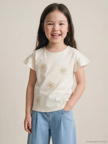 LCW Kids Ekru Çiçek İşlemeli Kız Çocuk Tişört ürün görseli 1