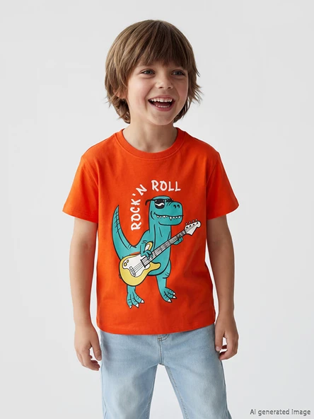 LCW Kids Turuncu Bisiklet Yaka Baskılı Erkek Çocuk Tişört ürün görseli 1