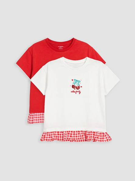 LCW Kids Kırmızı Pul İşlemeli Kız Çocuk Tişört 2'li ürün görseli 1