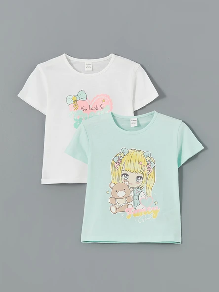 LCW Kids Turkuaz Anime Baskılı Fiyonklu Kız Çocuk Tişört 2'li ürün görseli 1