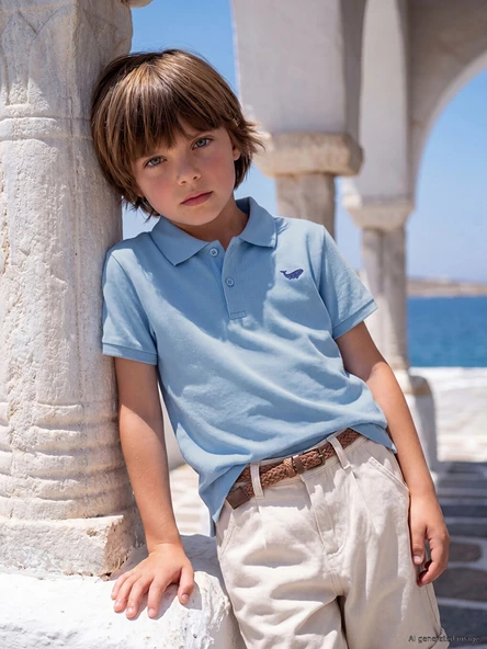 LCW Kids Mavi Polo Yaka Nakışlı Erkek Çocuk Tişört ürün görseli 1