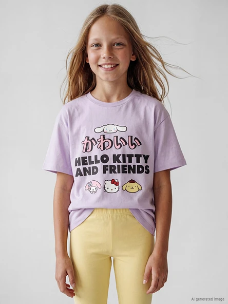 LCW Kids Lila Bisiklet Yaka Hello Kitty Baskılı Kız Çocuk Tişört ürün görseli 1