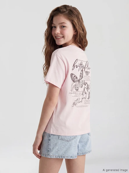 LCW Kids Pembe Kelebek Baskılı Kız Çocuk Tişört ürün görseli 1