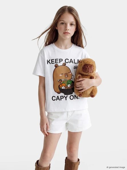 LCW Kids Beyaz Bisiklet Yaka Capyfun Baskılı Kız Çocuk Tişört ürün görseli 1