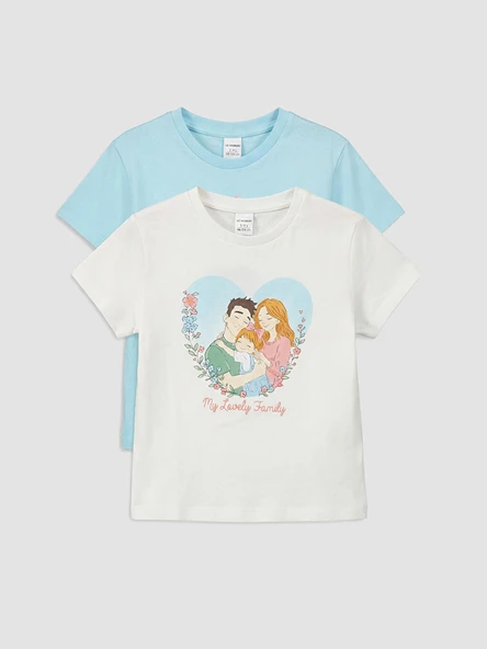 LCW Kids Beyaz Bisiklet Yaka Baskılı Kız Çocuk 2'li Tişört ürün görseli 1
