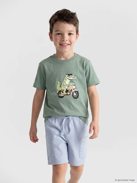 LCW Kids Yeşil Bisiklet Yaka Baskılı Erkek Çocuk Tişört ürün görseli 1