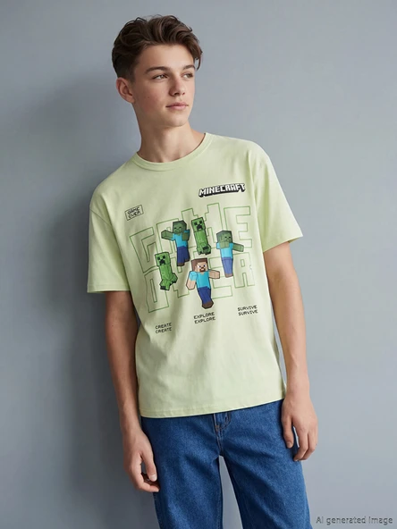 LCW Kids Yeşil Bisiklet Yaka Minecraft Baskılı Erkek Çocuk Tişört ürün görseli 1
