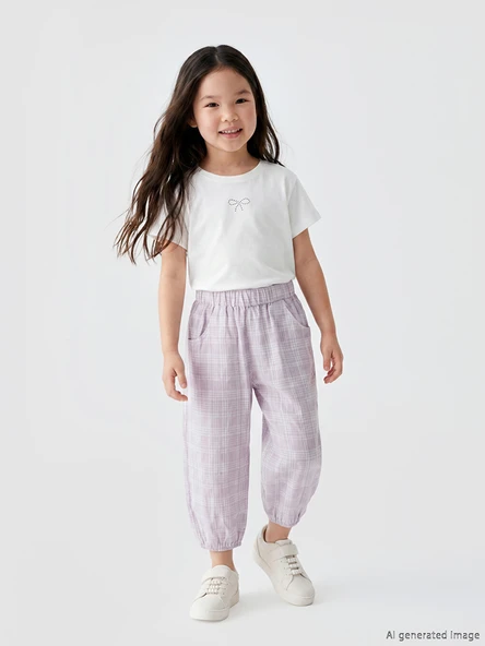LCW Kids Lila Beli Lastikli Kız Çocuk Kareli Pantolon ürün görseli 1