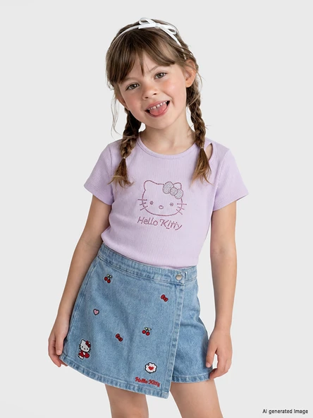 LCW Kids Lila Hello Kitty Taşlı Kız Çocuk Fitilli Tişört ürün görseli 1