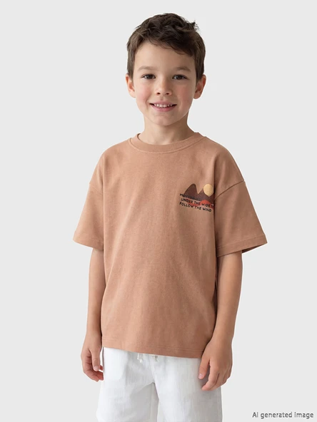 LCW Kids Kahverengi Bisiklet Yaka Baskılı Erkek Çocuk Tişört ürün görseli 1