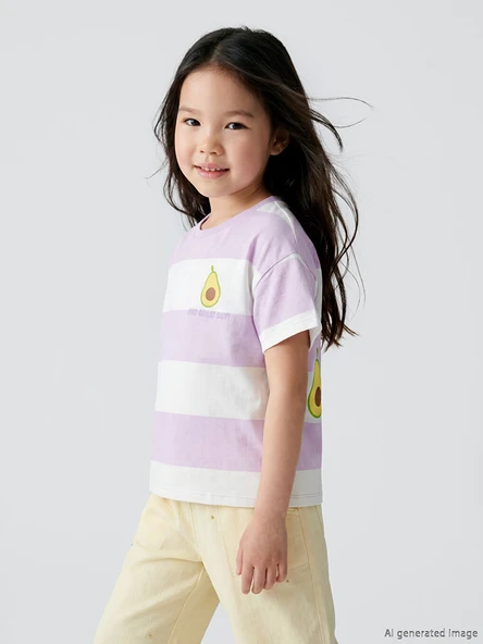 LCW Kids Lila Bisiklet Yaka Çizgili Kız Çocuk Tişört ürün görseli 1