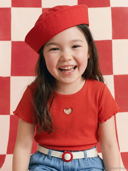 LCW Kids Kırmızı Kalp Detaylı Kız Çocuk Fitilli Tişört ürün görseli 1