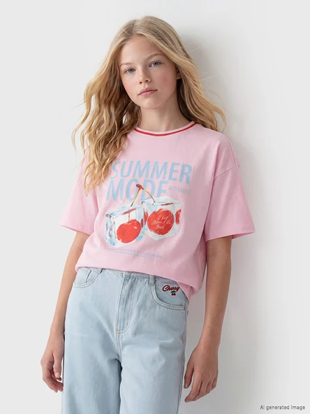 LCW Kids Pembe Bisiklet Yaka Baskılı Kız Çocuk Tişört ürün görseli 1