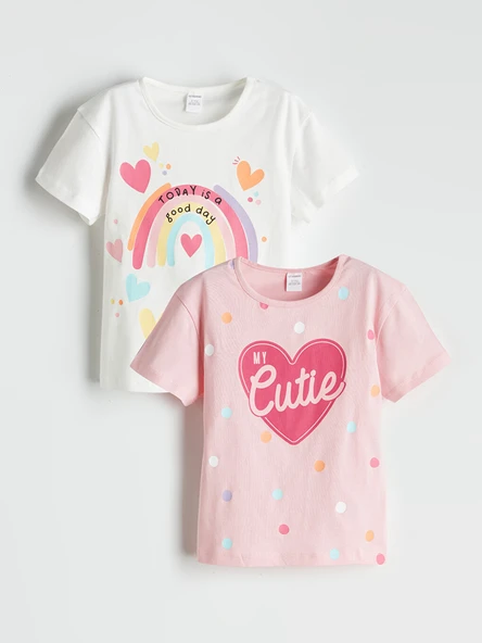 LCW Kids Beyaz Bisiklet Yaka Baskılı Kız Çocuk Tişört 2'li ürün görseli 1