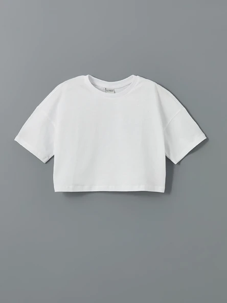 LCW Kids Beyaz Bisiklet Yaka Kız Çocuk Crop Tişört ürün görseli 1