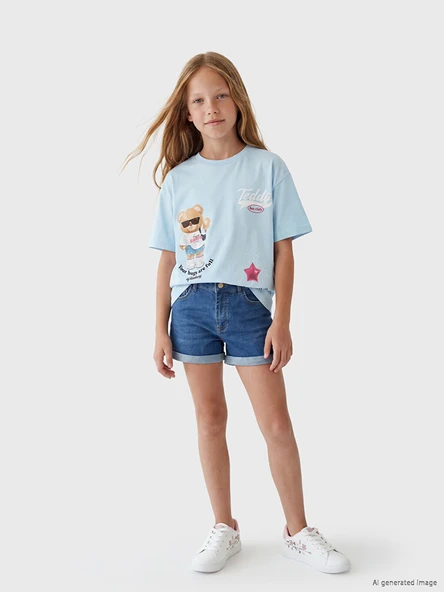 LCW Kids Mavi Ayı Teddy Baskılı Kız Çocuk Tişört ürün görseli 1