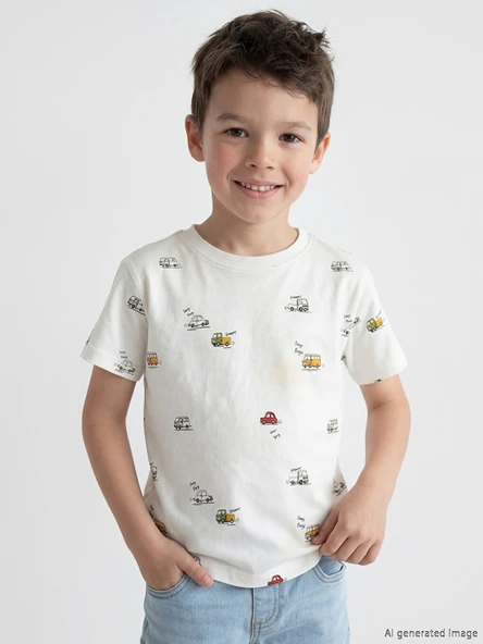 LCW Kids Ekru Bisiklet Yaka Baskılı Erkek Çocuk Tişört ürün görseli 1