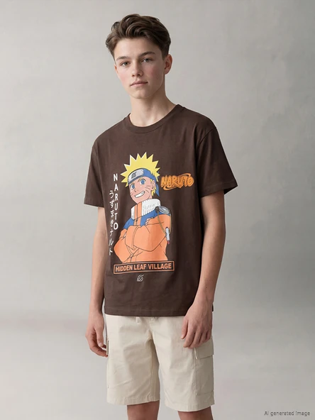 LCW Kids Kahverengi Bisiklet Yaka Naruto Baskılı Erkek Çocuk Tişört ürün görseli 1