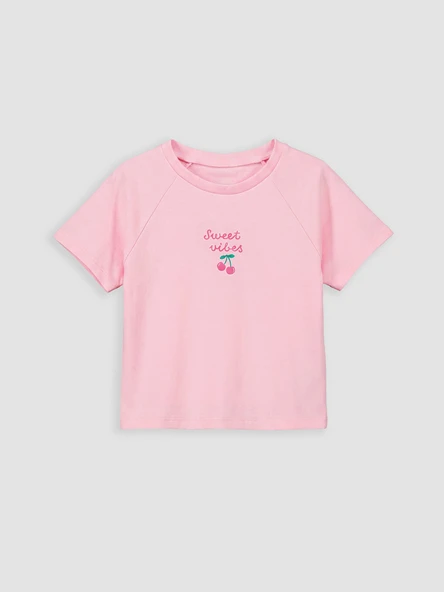 LCW Kids Pembe Bisiklet Yaka Nakışlı Kısa Kollu Kız Çocuk Tişört ürün görseli 1