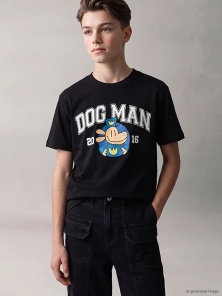 LCW Kids Siyah Bisiklet Yaka Dog Man Baskılı Erkek Çocuk Tişört ürün görseli 1